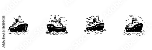 Ships On Ocean Waves In Hand Drawn Style Set. Nautical Adventure, Maritime Travel, Sea Exploration Doodle Sketch Collection. Vintage Marine Illustration. Isolated Vector Illustration