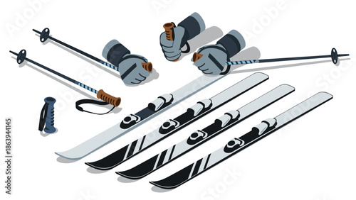 Winter sports gear: isometric style skis, poles, and gloves for snow adventure
