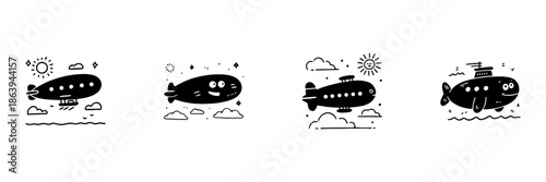 Airship And Submarine Doodle Icons In Hand Drawn Style Set. Whimsical Transportation, Aviation, And Nautical Exploration Sketch Collection. Playful Cartoon Design. Isolated Vector Illustration