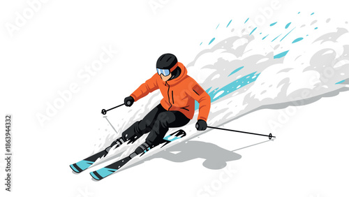 Dynamic winter sports scene featuring skier in action with modern geometric style design