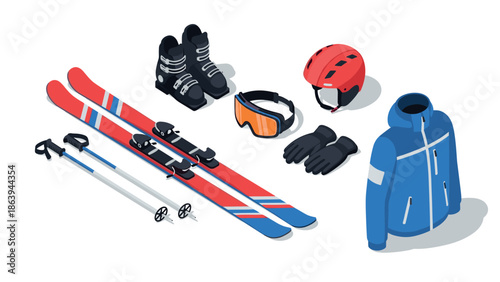 Essential ski gear set with isometric skis, boots, helmet, and winter jacket