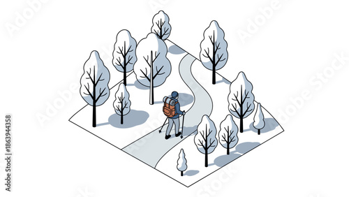 Isometric winter hike: traveler exploring snowy forest path