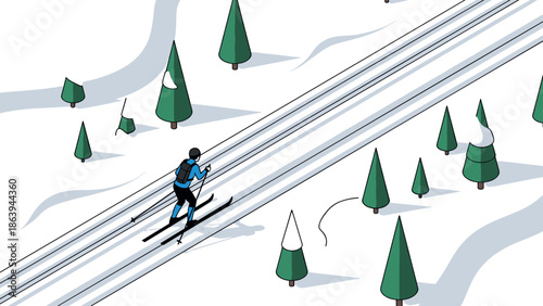 Isometric winter sports: cross country skiing through snowy forest