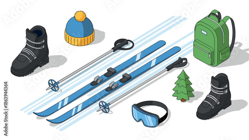 Winter sports gear in isometric style featuring ski equipment and accessories