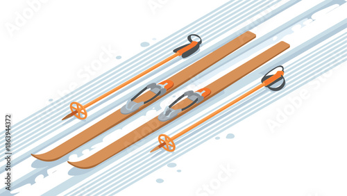 Isometric winter sports equipment with skis and poles on snowy background