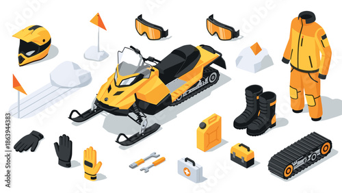 Yellow snowmobile and winter gear collection in modern isometric art style