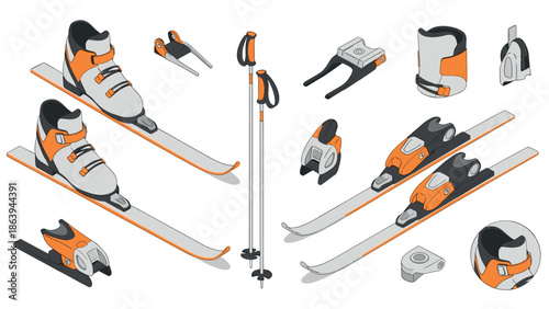 Isometric ski equipment set with boots, poles, and bindings in orange and gray design