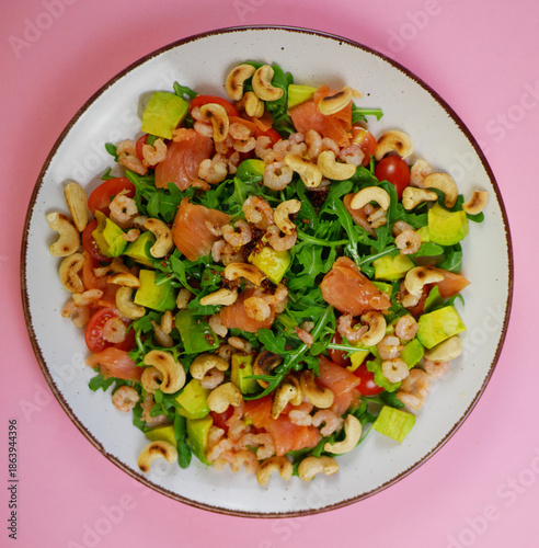 Wallpaper Mural Top view colorful salmon shrimp avocado arugula salad arranged for a healthy step by step recipe illustration showing ingredient balance. pro photo Torontodigital.ca