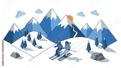 Winter adventure: skiers enjoying the slopes in scenic mountain landscape