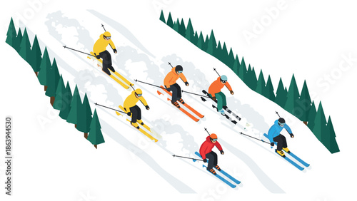 Colorful skiers racing on snowy slopes in winter forest landscape