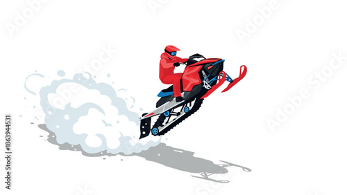 Dynamic snowmobile jump with rider in red gear
