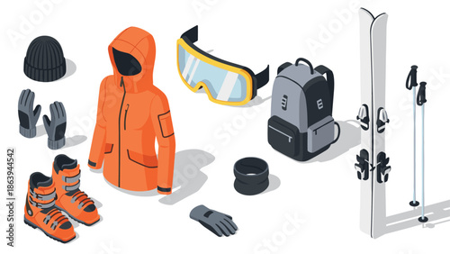 Winter sports equipment set featuring isometric ski gear, jacket, boots, and accessories