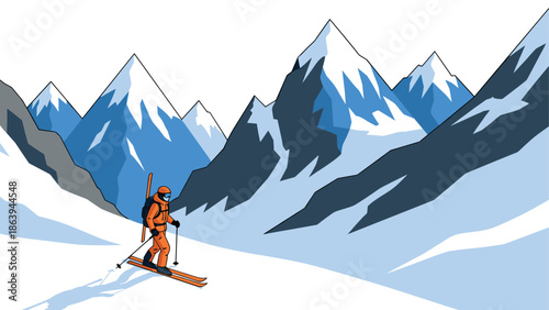Skier in a vibrant mountain landscape with snowy peaks