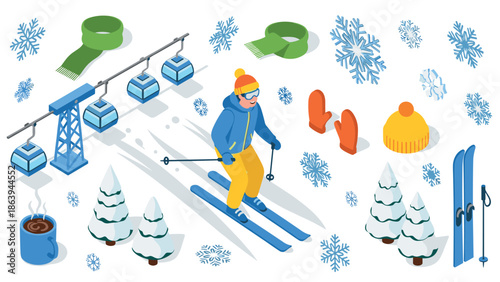 Winter skiing adventure: vibrant isometric style with snowflakes and gear