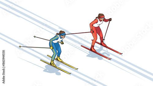 Isometric skiers racing downhill in vibrant winter gear
