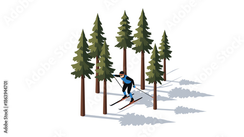 Isometric winter scene with cross-country skier navigating forest path