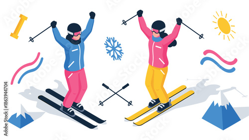 Dynamic winter sports scene with skiers and vibrant elements in isometric style