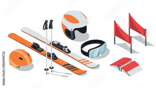 Isometric winter sports equipment: skis, helmets, goggles, and flags collection