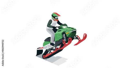 Snowmobile rider in action with bold geometric colors and dynamic motion