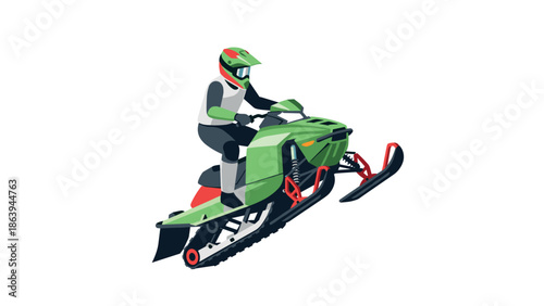 Snowmobile rider in motion with vibrant colors on white background