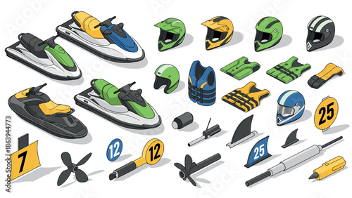 Isometric jet ski gear and spare parts set with helmets and safety vests