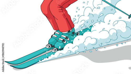 Close-up action shot of skier in red pants carving through snow with dynamic energy