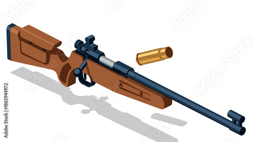 Realistic 3d isometric bolt action rifle with bullet on white background