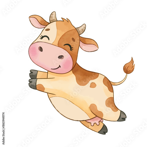 A funny cute cow cartoon standing alone on a white farm background