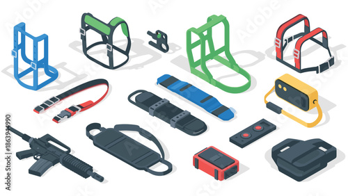 Isometric gaming accessories and gear set with military backpack and utility belts