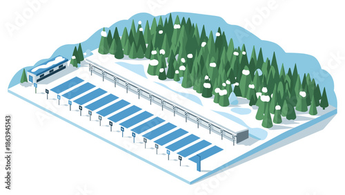 Isometric winter biathlon arena with snowy forest and target range
