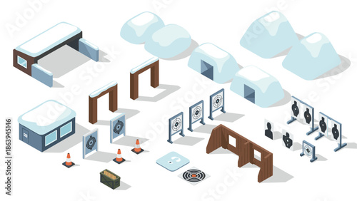 Isometric winter obstacle course elements with snow and targets