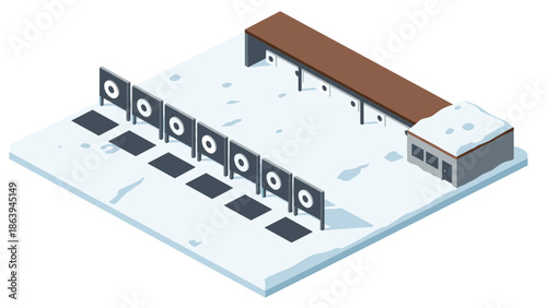 Isometric winter shooting range with snowy targets and sheltered area