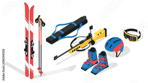 Winter sports equipment in isometric style featuring skiing and biathlon gear