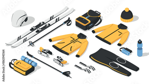 Winter sports essentials in modern isometric style: ski gear and accessories