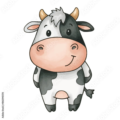 A funny cute cow cartoon standing alone on a white farm background