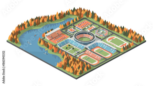 Isometric sports complex with stadium and autumnal surroundings