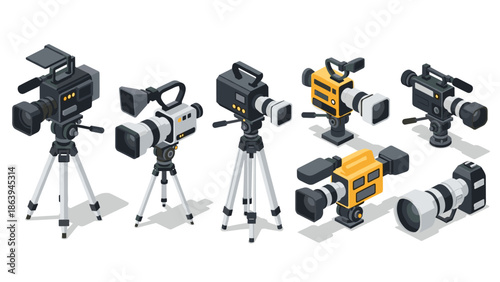 Vintage isometric camcorders on tripods with modern design elements