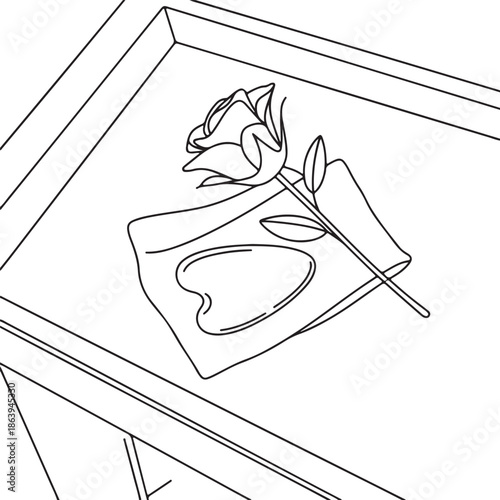 Minimalist vanity top-down line art view bathroom counter vector art, Gua Sha stone resting, silk cloth and single rose outline
