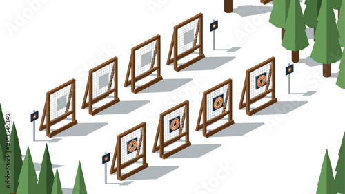 Isometric archery range with targets in a forest setting