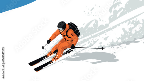 Skier descending snowy mountain in dynamic motion with fresh powder trail