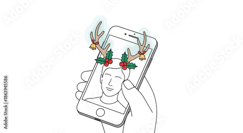 Person taking selfie with festive holiday reindeer antlers on phone