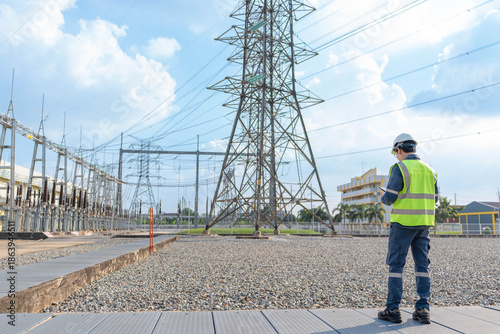 Tableau sur toile Electrical engineer in safety vest standing at power substation, monitoring high voltage transmission towers and electricity grid infrastructure for maintenance planning and energy security
