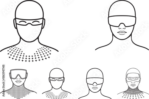 A collection of wearing an LED mask vector line art, the neck and chest outline illustration