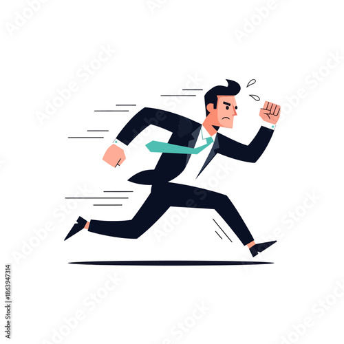 Businessman sprinting in a suit, fast motion, stressed expression, business concept illustration