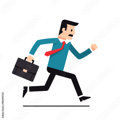 Businessman running with briefcase, vector illustration, hurry, late for work concept