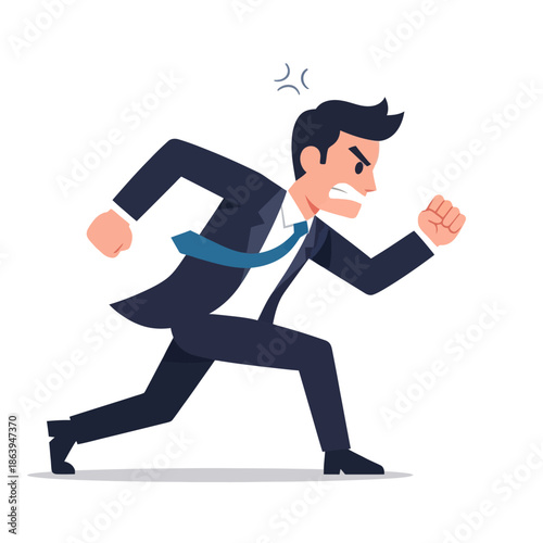 Angry businessman running fast, stressed, frustrated, furious, business concept, vector illustration