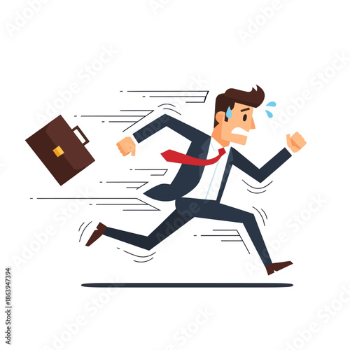 Businessman running late, briefcase flying, stressed, urgent, deadline, motion blur
