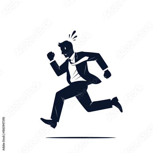 Stressed Businessman Running Fast, Sweating, Under Pressure, Deadline Rush