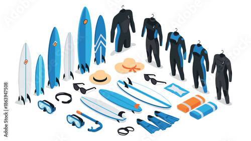 Surfing equipment collection with wetsuits and accessories in isometric style for beach adventures