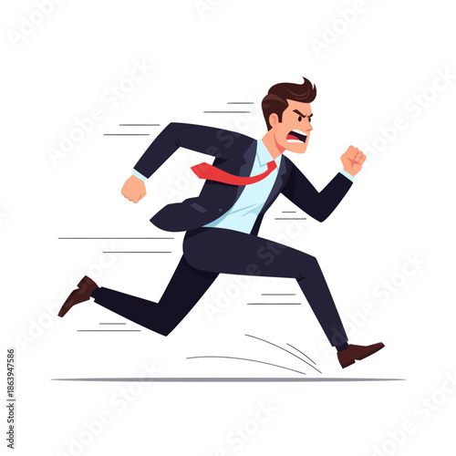 Angry businessman running fast, aggressive motion, business stress, deadline concept, isolated on white